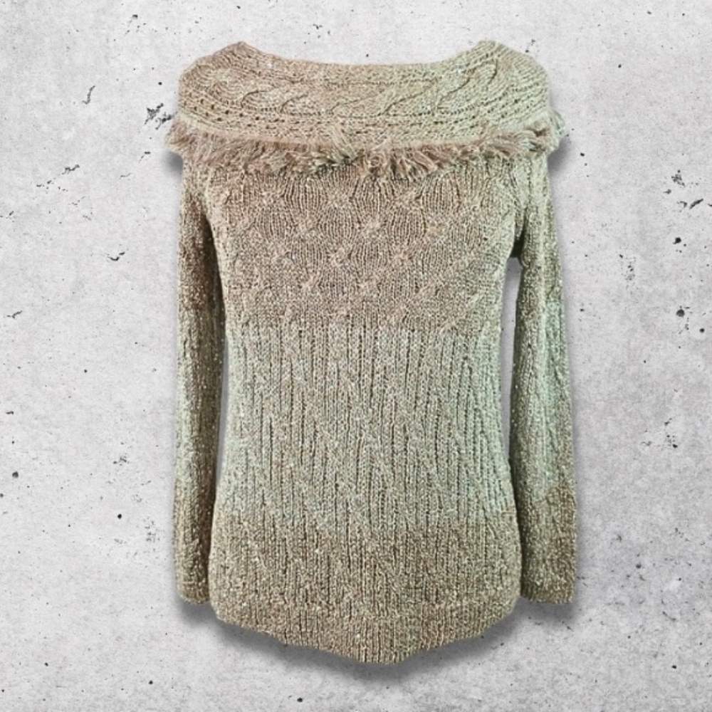 White House Black Market Sequin Sweater Boat-Neck Fringe Mink/Metallic Taupe W L